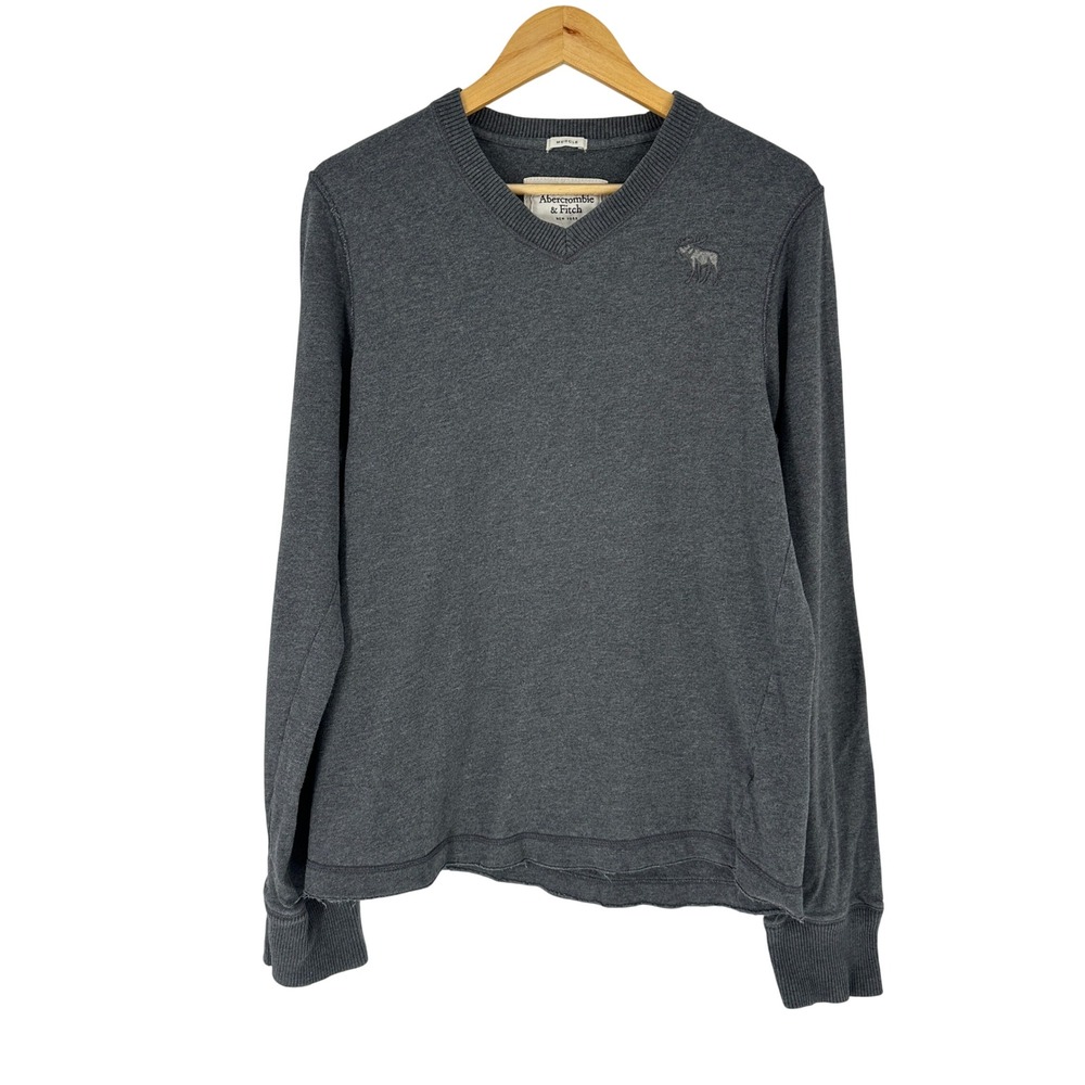 Abercrombie Fitch Mens V Neck Long Sleeve‎ Sweatshirt Gray Muscle Fit XL